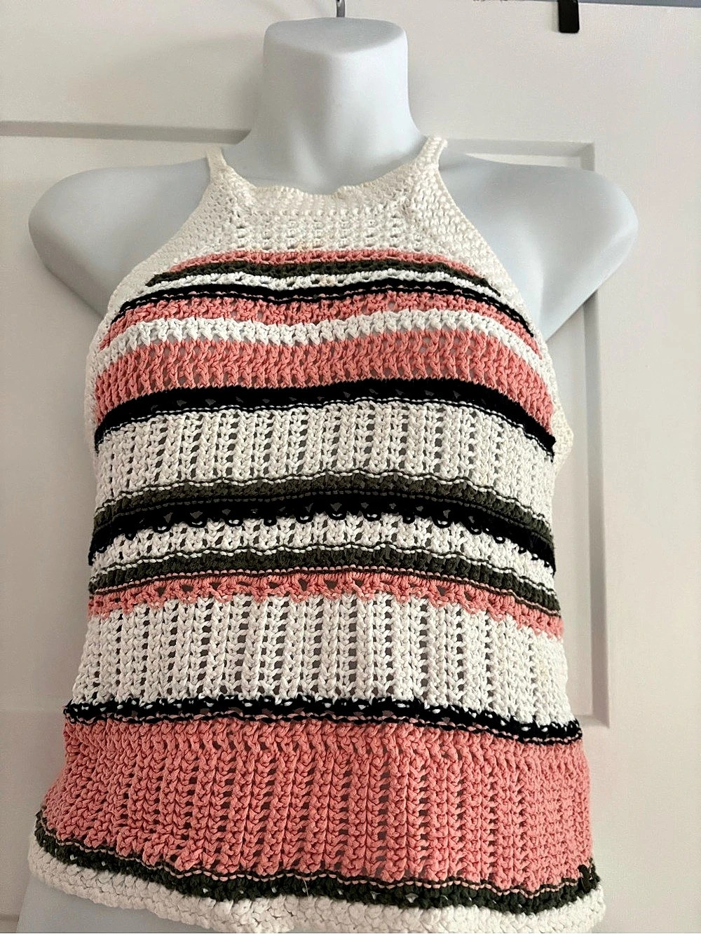 Roxy Striped Nomad Crochet Tank Top in Pink & White Size Small Like New